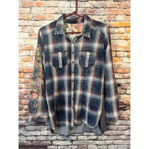 blue Aratta silent journey plaid embroidered long sleeve shirt top womens medium